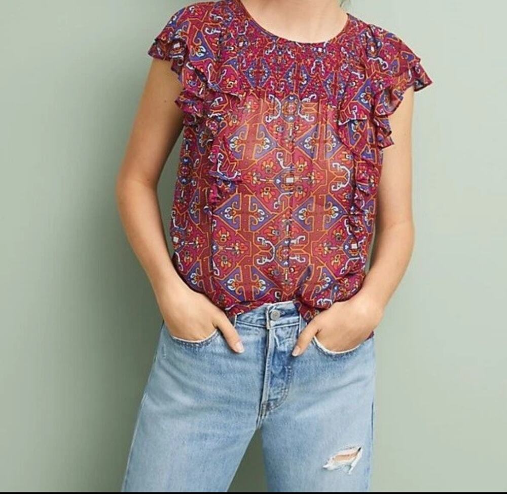 Meadow Rue Flutter-Sleeve Popover Blouse • Size 10 • Sheer Boho Chic